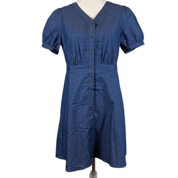 Allegra K Chambray Mini Dress Short Puff Sleeve Pintucks Button Front Size Small - Picture 1 of 11